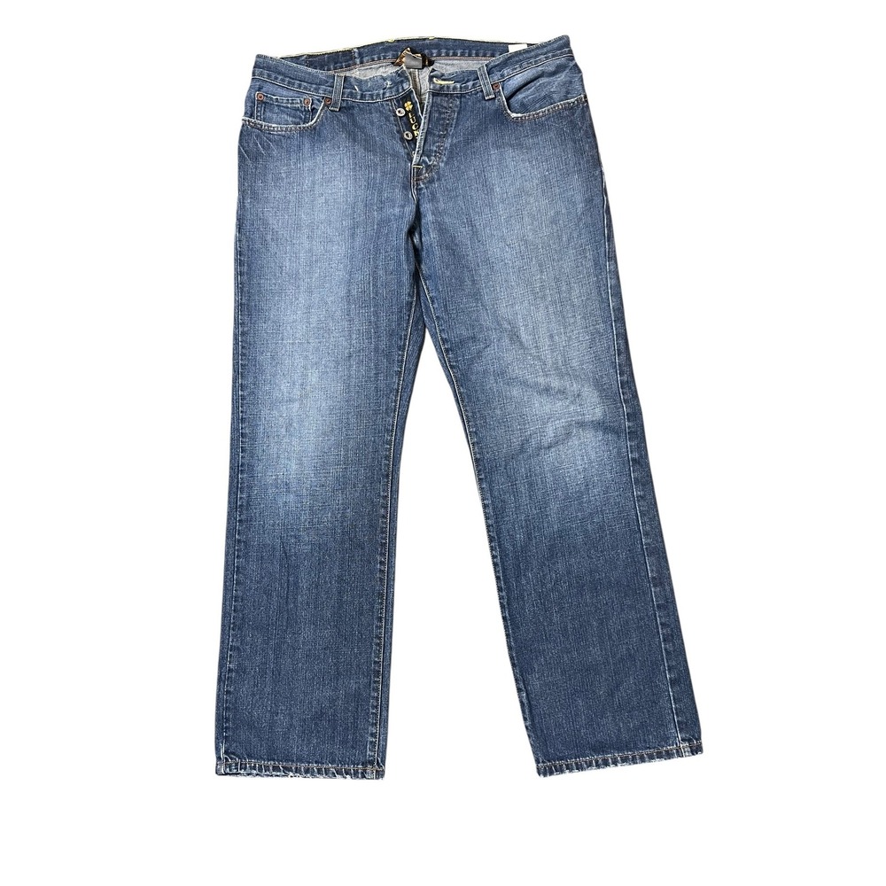 Lucky Brand Mens Straight Leg Jeans Blue Medium Wash Button Fly 34x30 Short FLAW